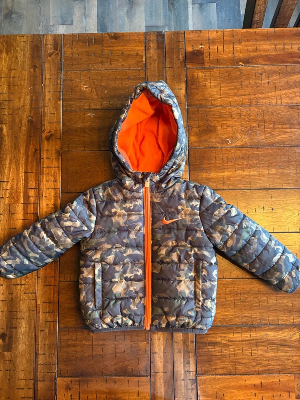 Nike Toddler Camo Puffer Jacket with Orange Lining - 12 Months